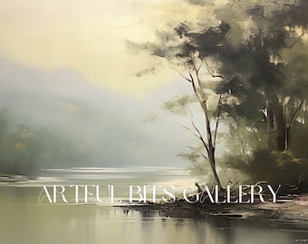 Muted Riverside Landscape Painting, Vintage Farmhouse Decor (Digital Download)