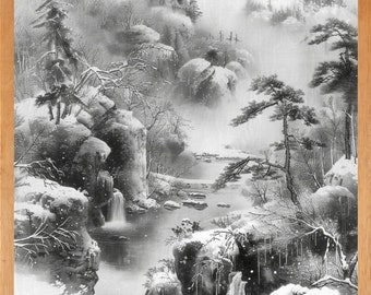 May include: A framed black and white landscape painting of a snowy mountain scene. The artwork depicts a river flowing through a valley, with waterfalls, trees, and snow-covered rocks. The painting is in a wooden frame.