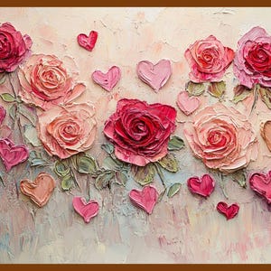 Vintage Valentijnsdag olieverfschilderij decor Valentijnsdag afdrukken roze rode rozen muur kunst antieke Valentijnsdag afdrukbaar cadeau romantische muurkunst