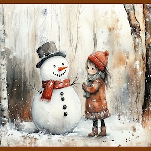 Whimsical Girl and Snowman Watercolor Art Print | Cozy Winter Scene | Child and Snowman Christmas Decor