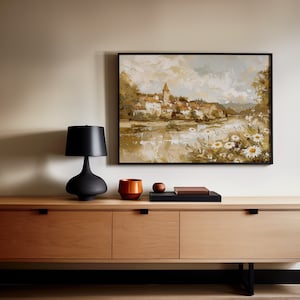 Vintage Rustic Village Painting | Old Farmhouse Wall Decor | Old Rustic European Village Print | Farmhouse Wall Art | Village Muted Print
