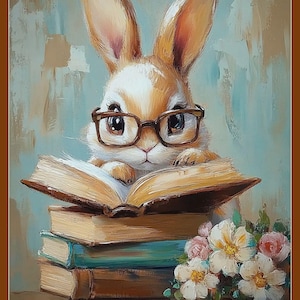 May include: A cute brown and white bunny rabbit wearing glasses sits on a stack of books and reads a book. A bouquet of white and pink flowers is in the foreground.