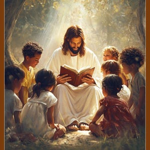 May include: A painting of Jesus reading a book to a group of children in a forest setting. The children are of different races and ages, and they are all listening intently to Jesus.