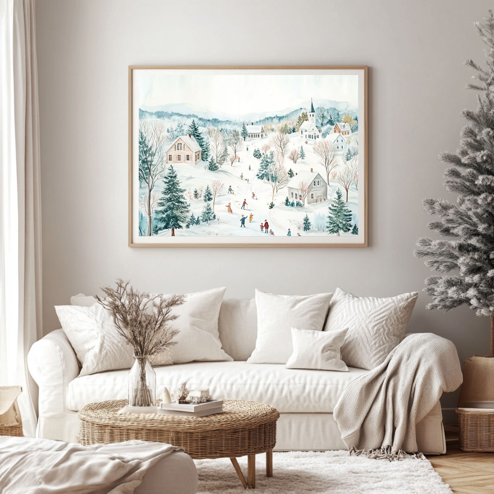 Enchanting Winter Village Scene - New England Snowscape With Villagers ...
