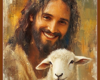 May include: Oil painting of a smiling man with long brown hair and a beard, with a white lamb in the foreground. The artwork has a warm color palette with brown and gold tones.
