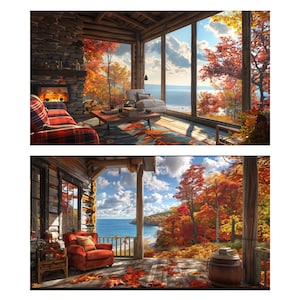 May include: Two images of cozy cabin interiors with large windows overlooking a vibrant autumn landscape. One features a fireplace and plaid furniture, the other a porch with a red chair and barrel.