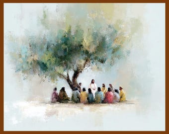 May include: An oil painting shows a religious scene with a central figure in white robes under a large tree, surrounded by a group of people in various coloured garments. The artwork has a soft, impressionistic style.