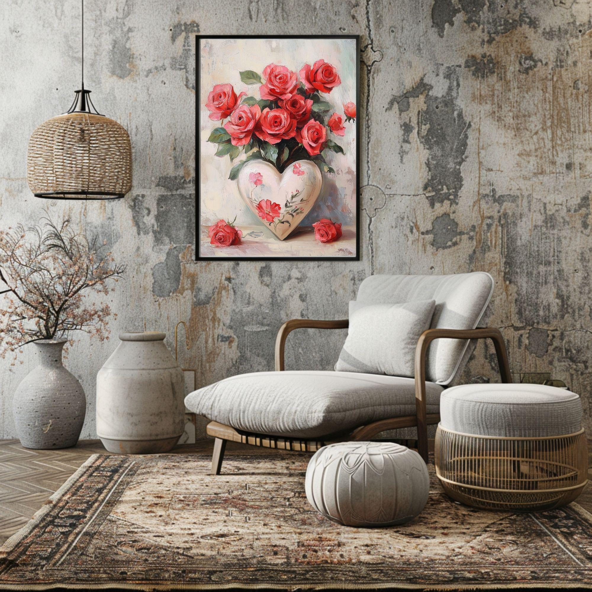 Valentines Red Roses Art Print | Heart Vase Decor (digital Download) - Etsy