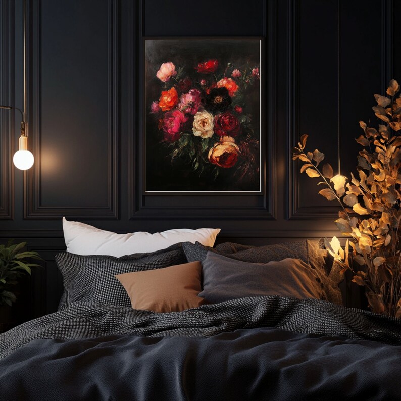 Dark Floral Rose Bouquet Art Print: Moody Vintage Oil Painting (digital ...