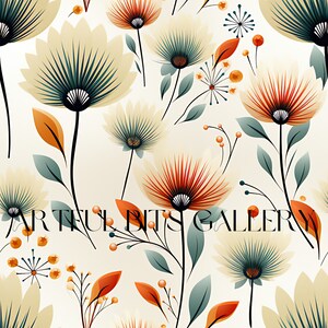 Pode incluir: Padrão floral repetido com flores estilizadas em creme, verde-azulado, laranja e preto. As flores têm um design radial com linhas finas. O texto "ARTFUL BITS GALLERY" está na parte inferior.