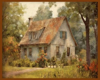 Rustikales Landhaus Print, Vintage Steinhaus Gemälde (Digitaler Download)
