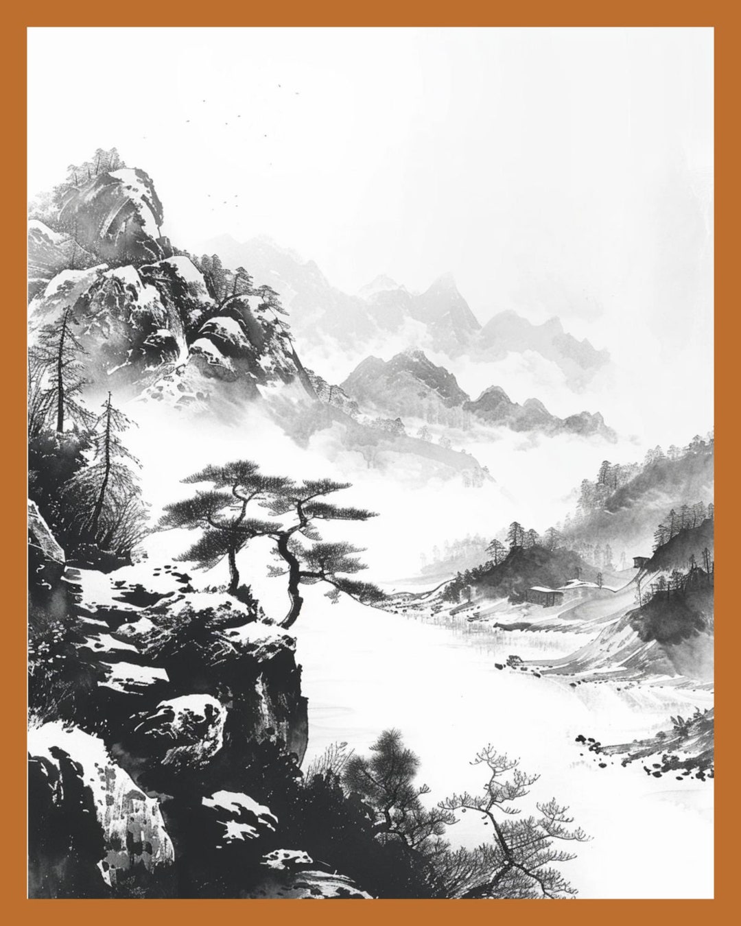 Black and White Mountain Landscape Art Print – Watercolor Nature Scene ...