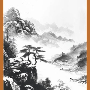 Stampa artistica di paesaggio montano - Illustrazione ad acquerello in bianco e nero - Scena di natura monocromatica - Decorazione murale d&#39;arte