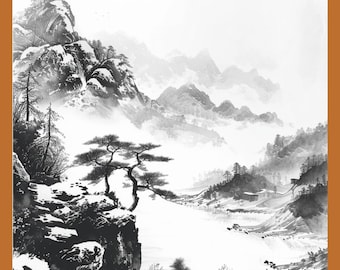 Black and White Mountain Landscape Art Print – Watercolor Nature Scene (Digital Download)