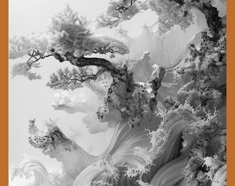 May include: Black and white artistic rendering of a bonsai tree and ocean waves. The image features a detailed depiction of a tree with textured bark and foliage, alongside dynamic, frothy waves. The artwork is set against a soft, gradient background.
