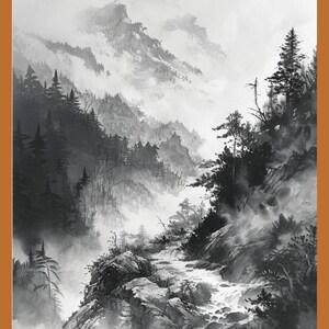 Stampa artistica di paesaggio montano - Illustrazione ad acquerello in bianco e nero - Scena di natura monocromatica - Decorazione murale d&#39;arte