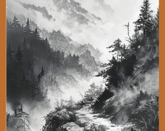 Könnte beinhalten: Schwarz-Weiß-Aquarellmalerei einer Berglandschaft. Das Kunstwerk zeigt ein nebliges Tal mit einem Fluss, der durch felsiges Gelände fließt, umgeben von Bäumen und Bergen im Hintergrund.