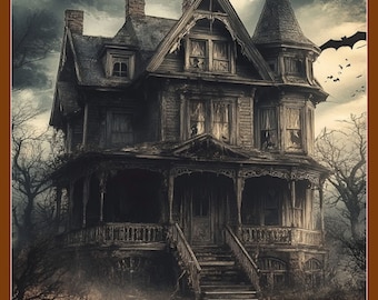May include: A digital illustration of a spooky, weathered Victorian house. The house is dark brown with broken windows and a porch. Bats fly in the stormy sky above the house, creating a Halloween theme.