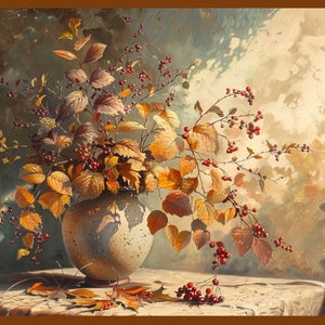 Op de afbeelding: Een stilleven schilderij van een vaas gevuld met herfstbladeren. De vaas is gespikkeld grijs en de bladeren zijn in verschillende tinten geel, oranje en bruin. Rode bessen sieren de takken en een paar gevallen bladeren liggen op de tafel.