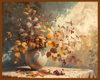 May include: A still life painting of a vase filled with autumn foliage. The vase is a speckled gray, and the leaves are various shades of yellow, orange, and brown. Red berries dot the branches, and a few fallen leaves rest on the table.