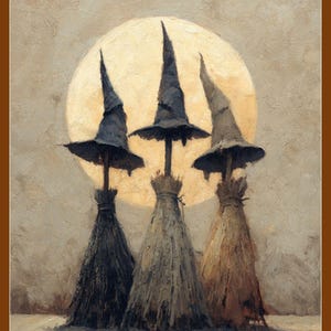 Puede incluir: Una pintura artística representa tres escobas de bruja con sombreros altos y puntiagudos contra una gran luna brillante. Las escobas son de varios tonos de marrón y negro, creando un tema de Halloween espeluznante.