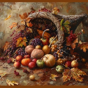 May include: A cornucopia overflowing with autumn harvest bounty.  A variety of fruits, vegetables, and grapes are arranged in a woven basket, with autumn leaves and berries scattered around.