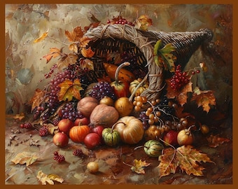 Autumn Harvest Cornucopia Still Life Print, Rustic Thanksgiving Decor (Digital Print)