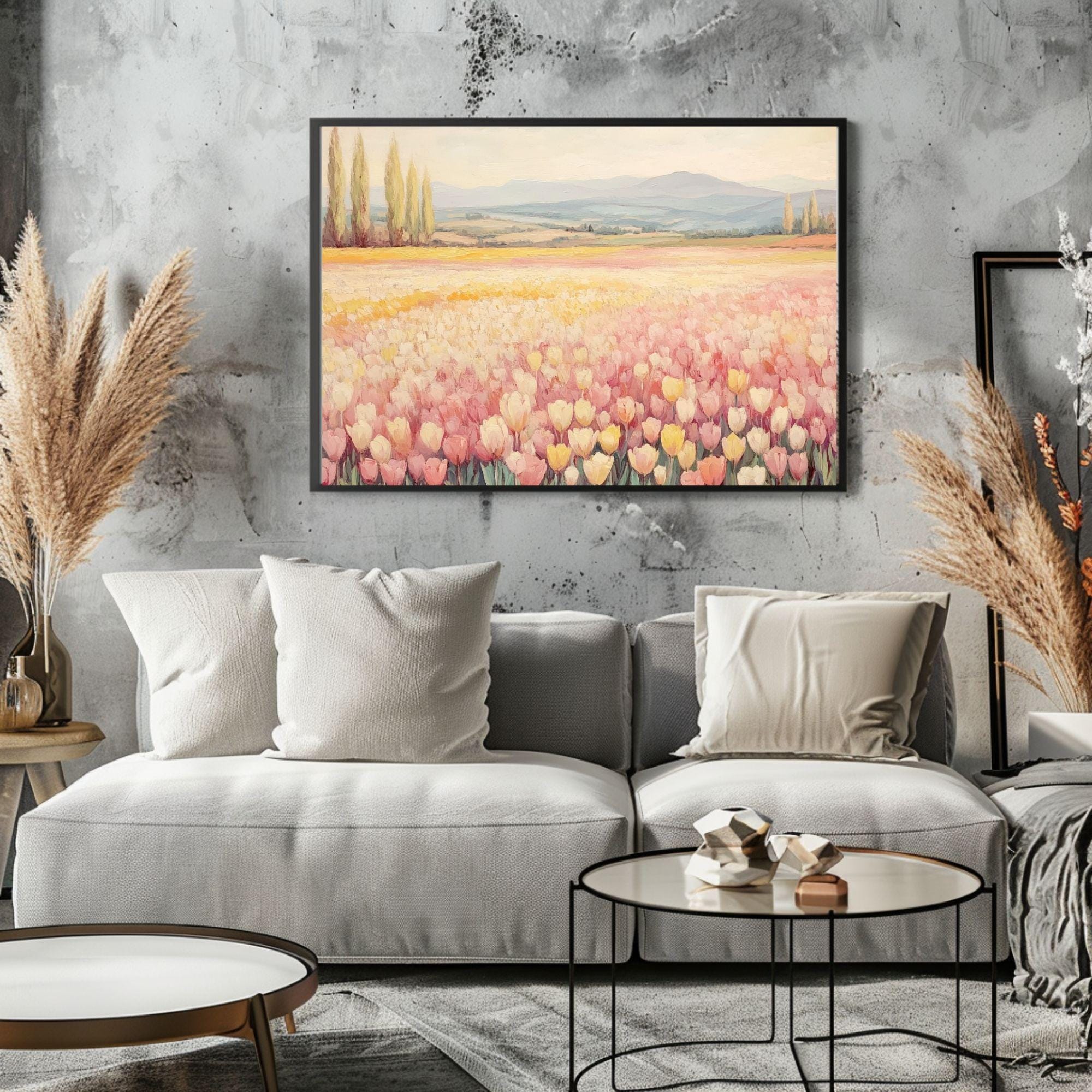 Tulip Field Landscape Print, Pastel Countryside Painting (digital ...