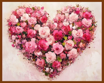 Floral Heart Valentine's Print, Pink Red Roses Oil Painting (Digital Download)