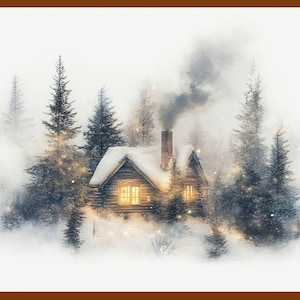 Enchanted Winter Evening: Cozy Snow-Covered Cabin Art - Christmas Holiday Decor, Rustic Winter Wonderland Print