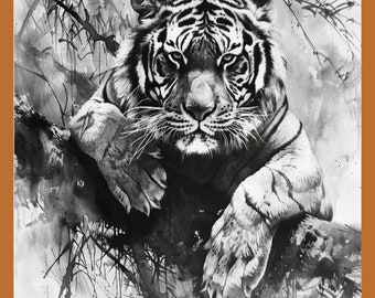 Puede incluir: Ilustración en blanco y negro de un tigre descansando en una rama. La cara del tigre está enfocada, con rayas detalladas y ojos penetrantes. La obra de arte utiliza una técnica de acuarela, con salpicaduras y pinceladas.