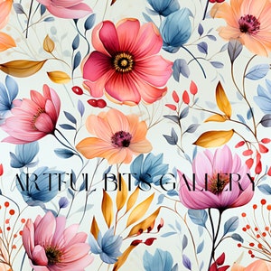 Pode incluir: Um padrão sem costura com flores em estilo aquarela em tons de rosa, vermelho, laranja e azul. As flores estão dispostas em um padrão aleatório sobre um fundo azul claro.