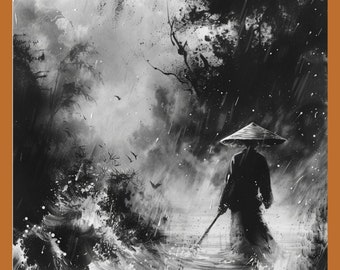 May include: Black and white artwork depicting a figure in a conical hat, wading through turbulent water. The scene is set in a storm, with rain and crashing waves. The figure holds a long staff, suggesting a journey or struggle.
