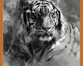 May include: A monochrome art print of a tiger's head. The tiger's face is detailed, with black stripes and piercing eyes. The artwork has a painterly style, with visible brushstrokes and a grayscale colour palette.