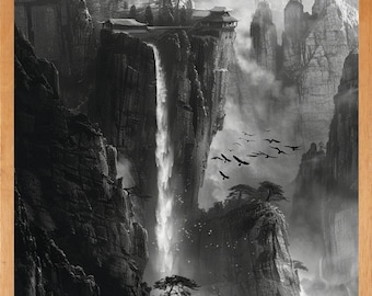 Op de afbeelding: Zwart-wit ingelijste prent van een berglandschap met een waterval. Een gebouw staat op een klif, en vogels vliegen in de lucht. De prent zit in een houten lijst.