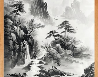 May include: Black and white ink wash painting of a mountain landscape with trees, a waterfall, and a winding path. The artwork is framed in a light brown wooden frame. The style is reminiscent of traditional Asian art.