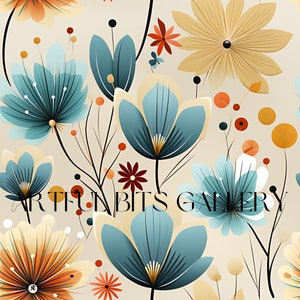Pode incluir: Um padrão floral repetido com flores estilizadas em tons de azul-petróleo, laranja e amarelo sobre um fundo creme. O design inclui várias formas de flores, folhas e pequenos pontos, com o texto "ARTFUL BITS GALLERY" na parte inferior.
