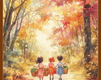 May include: Watercolor painting of three children walking down a path in an autumn forest. They carry baskets filled with fruit. The trees are filled with red, orange, and yellow leaves. The painting has a warm, inviting feel.