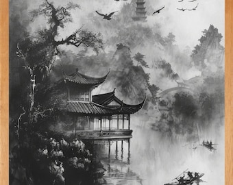 May include: Black and white ink painting of a traditional Asian landscape. A pagoda sits atop a mountain, with a bridge and buildings near a body of water. Birds fly in the sky, and boats are on the water. The artwork is framed in a wooden frame.