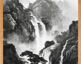 May include: Black and white landscape art print featuring a cascading waterfall and mountainous terrain. The artwork is framed in a natural wood frame, adding a classic touch to the serene scene. The print captures the beauty of nature.