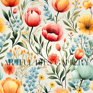 Pode incluir: Um padrão floral com flores em aquarela em tons de vermelho, laranja, amarelo e azul, com folhas e caules verdes. O texto "ARTFUL BITS GALLERY" é visível na parte inferior.