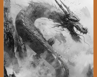 May include: A grayscale illustration of a Chinese dragon winding through a misty mountain landscape. The dragon has detailed scales, sharp claws, and a fierce expression. The artwork evokes a sense of ancient mythology and fantasy.