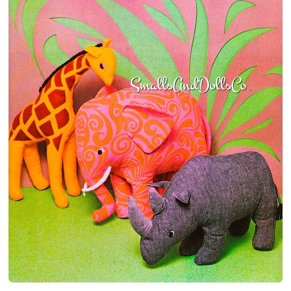 Vintage Sewing Pattern Giraffe Elephant Rhino Soft Sculpture Toy Dolls PDF Instant Digital Download Retro Zoo Safari Jungle Stuffed Animals