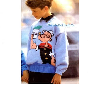 Vintage Knitting Pattern Childs Kids Popeye the Sailor Man Sweater PDF Instant Digital Download Pullover Jumper Boys Teens 6-14 Yrs 10 Ply