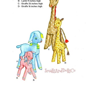 Wzór do szycia Vintage Baby Animals Żyrafa Baranek Bawełniana tkanina Miękka rzeźba Zabawka Lalka PDF Natychmiastowe pobieranie cyfrowe 2 rozmiary