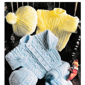 Ensemble tricot vintage motif bébé garçon Aran cardigan pull pantalon béret bonnet facile à tricoter PDF téléchargement numérique instantané 6 m - 4 ans 10 fils