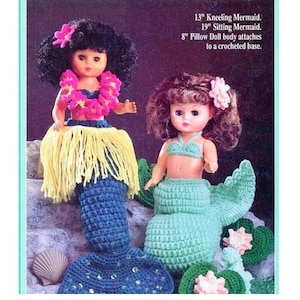 Vintage Crochet Patterns 13&quot; Sea Mist Mermaids Bed Dolls Tail Hawaiian Outfits Standing or Pillow Doll PDF Instant Digital Download 10 Ply