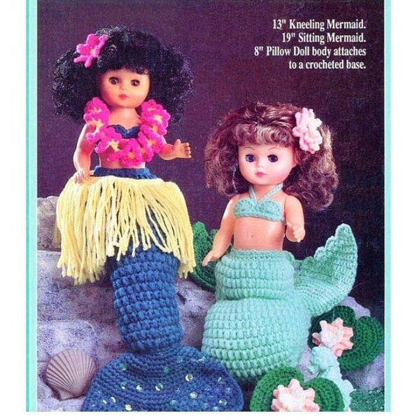 Vintage Crochet Patterns 13" Sea Mist Mermaids Bed Dolls Tail Hawaiian Outfits Standing or Pillow Doll PDF Instant Digital Download 10 Ply