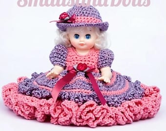 Vintage Crochet Pattern 13" Pretty Bed Doll Ruffled Dress and Hat PDF Instant Digital Download 10 Ply