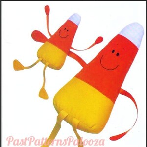 May include: Two plush candy corn dolls with smiling faces and yellow, orange, and white fabric. The dolls have long, yellow legs and arms.